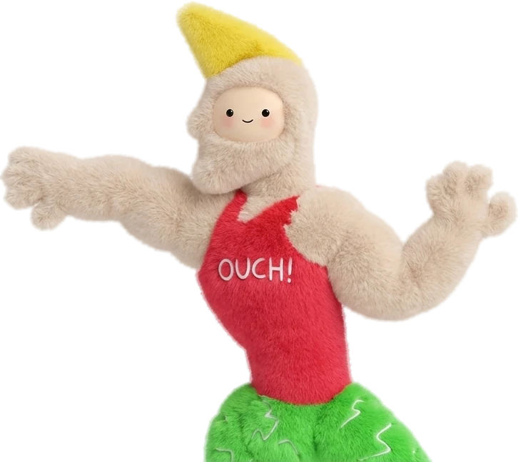 Chad, the lead researcher: a plush figure with a yellow quiff and a red OUCH! tank top