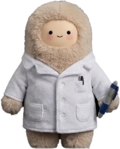 Muse-01, a plush researcher in a lab coat holding a pen